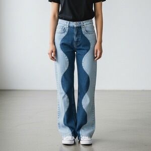 Ragged Jeans Womens 28 Flare Y2K Wide Leg Two Tone Wavy Patchwork Blue Indie